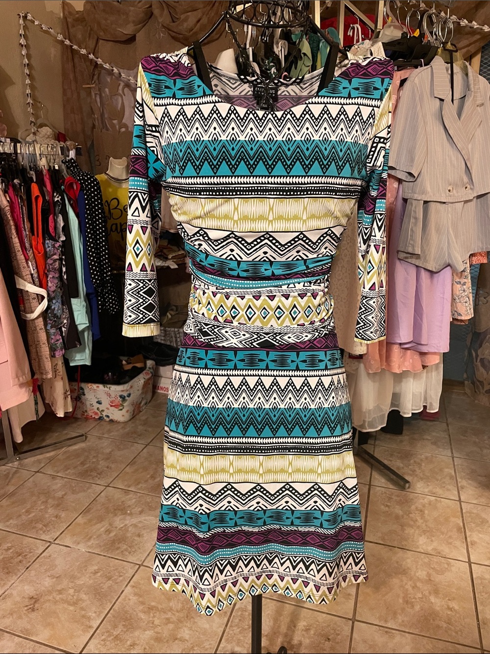 Enfocus Studio Teal, Purple & Yellow Geometric Midi Dress